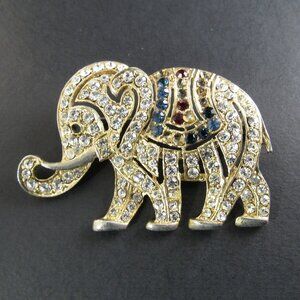 GOLD TONE ELEPHANT BROOCH PIN RHINESTONES (BR31)